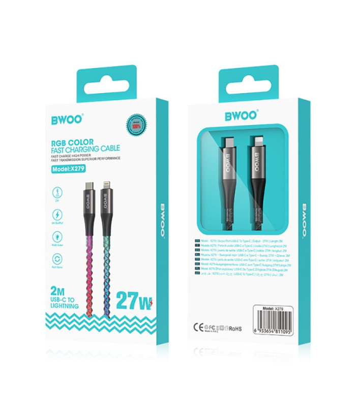 BWOO 27W kabelis X279C-L USB-C į žaibo jungtį su RGB spalvotu apšvietimu