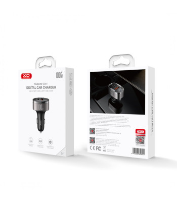 XO automobilinis įkroviklis CC61 PD QC 3.0 100W 1x USB 1x USB-C 1x Lightning pilkos spalvos