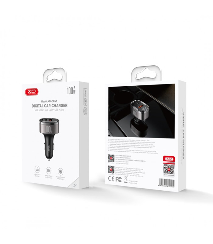 XO automobilinis įkroviklis CC61 PD QC 3.0 100W 1x USB 1x USB-C 1x Lightning pilkos spalvos