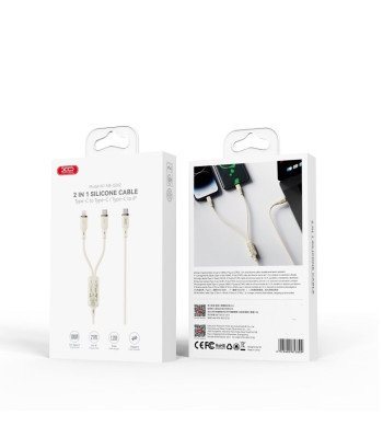 XO kabelis NB-Q262 2in1 PD USB-C - "Lightning" + USB-C 1,2 m smėlio spalvos 60 W