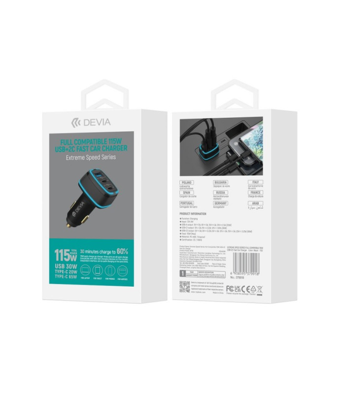 "Devia" automobilinis įkroviklis Extreme 115W 2x USB-C 1x USB juodas