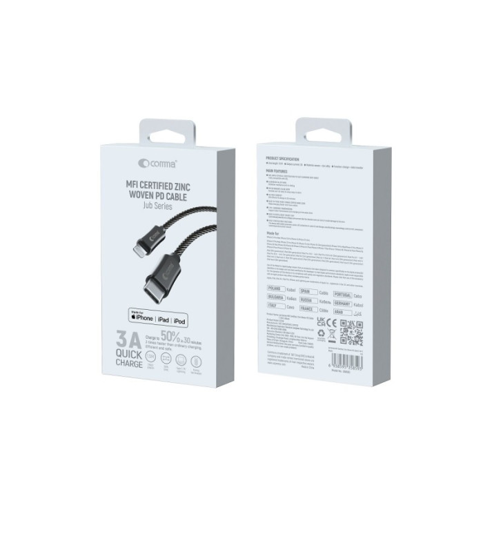 "Comma" kabelis Jub MFi USB-C - Lightning 3A 1,5 m pilkos spalvos