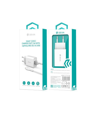 "Devia" sieninis įkroviklis Smart 2x USB 2,4A baltas + "Lightning" laidas