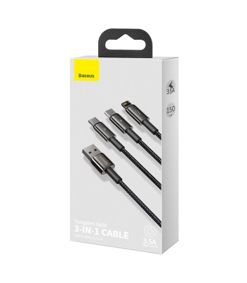 "Baseus" kabelis 3in1 Tungsten USB - micro USB + Lightning + USB-C 1,5 m 3,5 A juodas