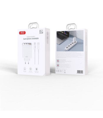 XO sieninis įkroviklis CE23 PD 65W 3x USB-C 1x USB baltas + kabelis USB-C - USB-C