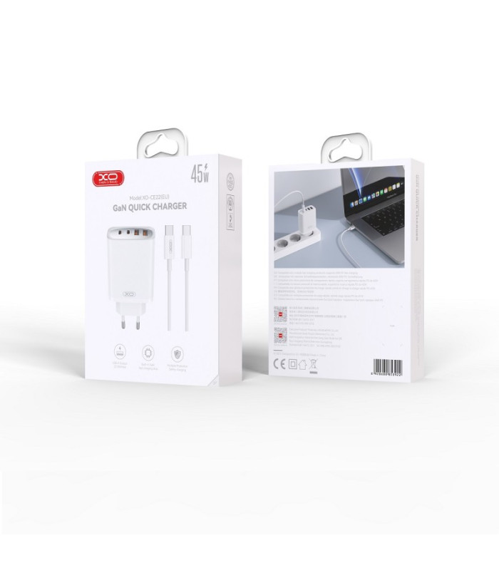 XO sieninis įkroviklis CE22 PD 45W 2x USB-C 2x USB baltas + kabelis USB-C - USB-C