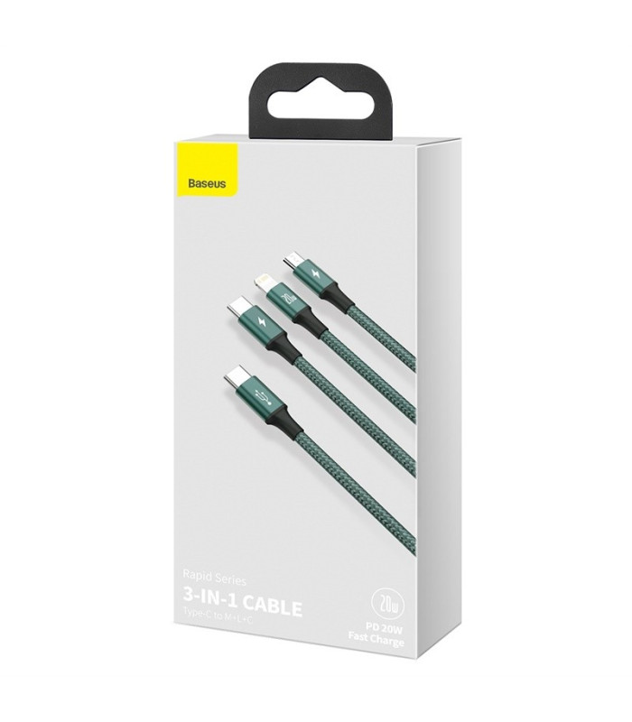 "Baseus" kabelis 3in1 Rapid PD USB-C - micro USB + Lightning + USB-C 1,5 m žalias 20 W