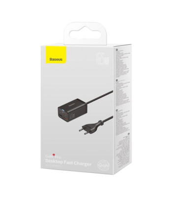 "Baseus" sieninis įkroviklis GaN3 Pro PD 65W 2x USB-C 2x USB juodas + USB-C - USB-C kabelis
