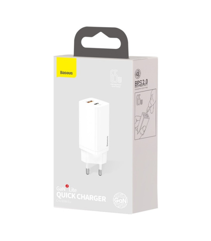 "Baseus" sieninis įkroviklis "GaN2 Lite PD 65W" 1x USB-C 1x USB baltas