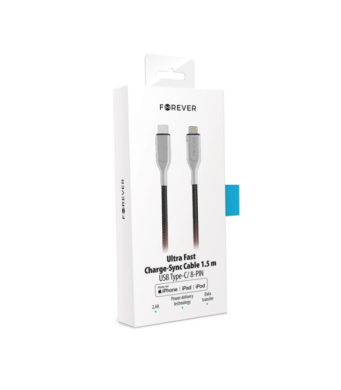 "Forever Core Utra Fast MFI PD" kabelis USB-C - "Lightning" 1,5 m 2,4 A juodas