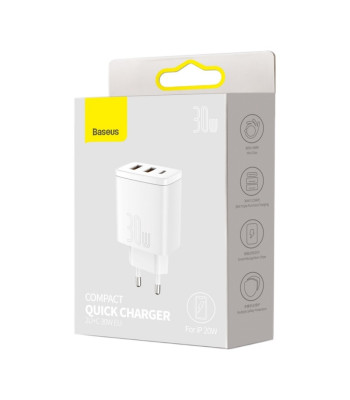 "Baseus" sieninis įkroviklis Compact PD 30W 1x USB-C 2x USB baltos spalvos