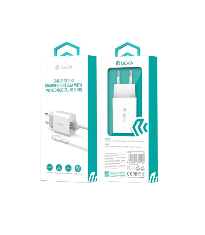 "Devia" sieninis įkroviklis Smart 2x USB 2,4A baltas + microUSB laidas