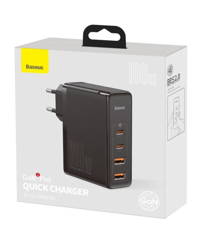 "Baseus" sieninis įkroviklis GaN2 Pro PD 100W 2x USB-C 2x USB juodas