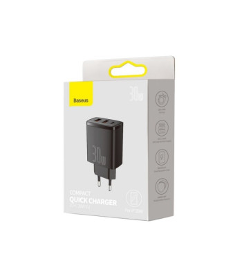 "Baseus" sieninis įkroviklis Compact PD 30W 1x USB-C 2x USB juodas