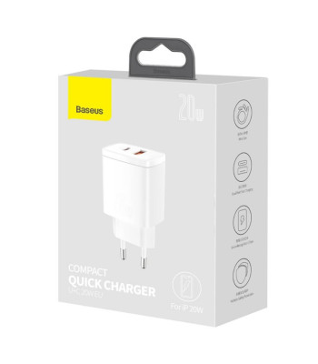 "Baseus" sieninis įkroviklis Compact PD 20W 1x USB-C 1x USB baltas