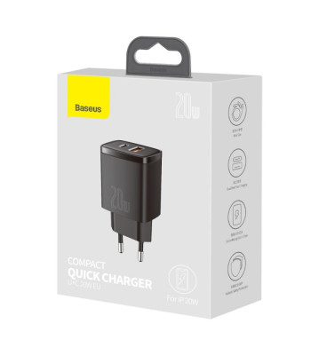 "Baseus" sieninis įkroviklis Compact PD 20W 1x USB-C 1x USB juodas