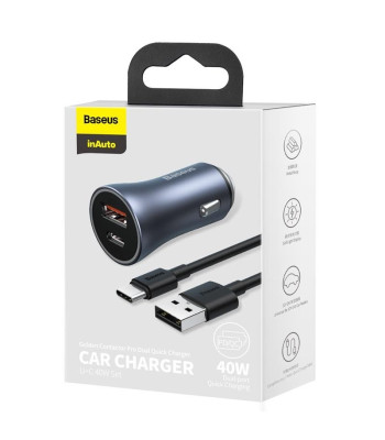 "Baseus" automobilinis įkroviklis "Golden Contactor Pro" 1x USB 1x USB-C QC 40W juodas + kabelis USB - USB-C 5A