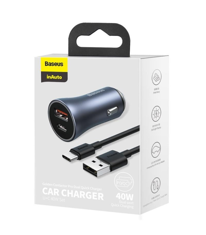 "Baseus" automobilinis įkroviklis "Golden Contactor Pro" 1x USB 1x USB-C QC 40W juodas + kabelis USB - USB-C 5A