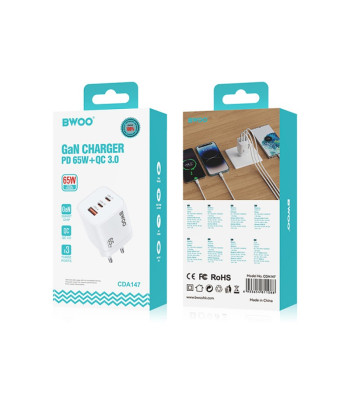 BWOO Greitas 65 W GaN kelioninis įkroviklis CDA147 2 x USB-C, 1 x USB-A