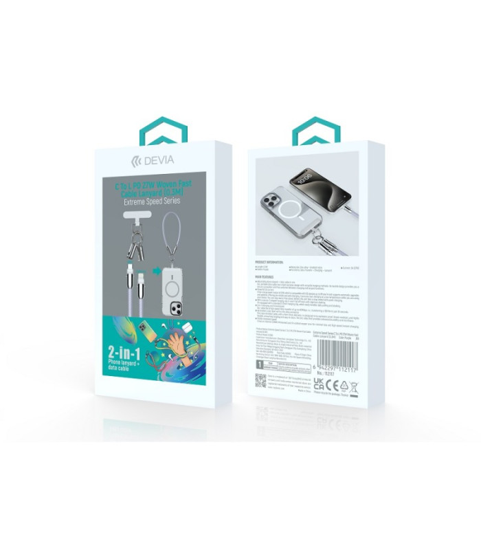 "Devia" kabelio pavadėlis 2in1 PD USB-C - Lightning 0,3 m 27W violetinės spalvos