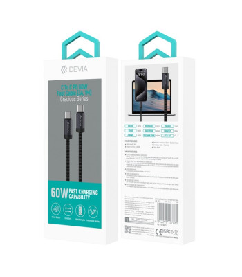 "Devia" kabelis Gracious EC646 PD USB-C - USB-C 1,0 m 60W 3A juodas
