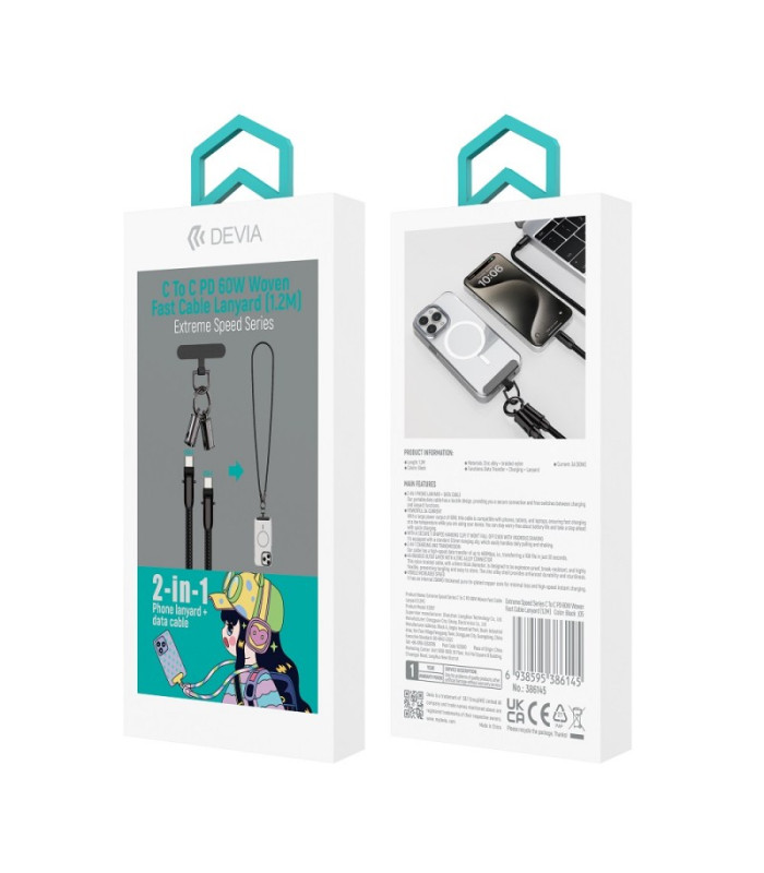 "Devia" kabelio pavadėlis 2in1 PD USB-C - USB-C 1,2 m 60W juodas