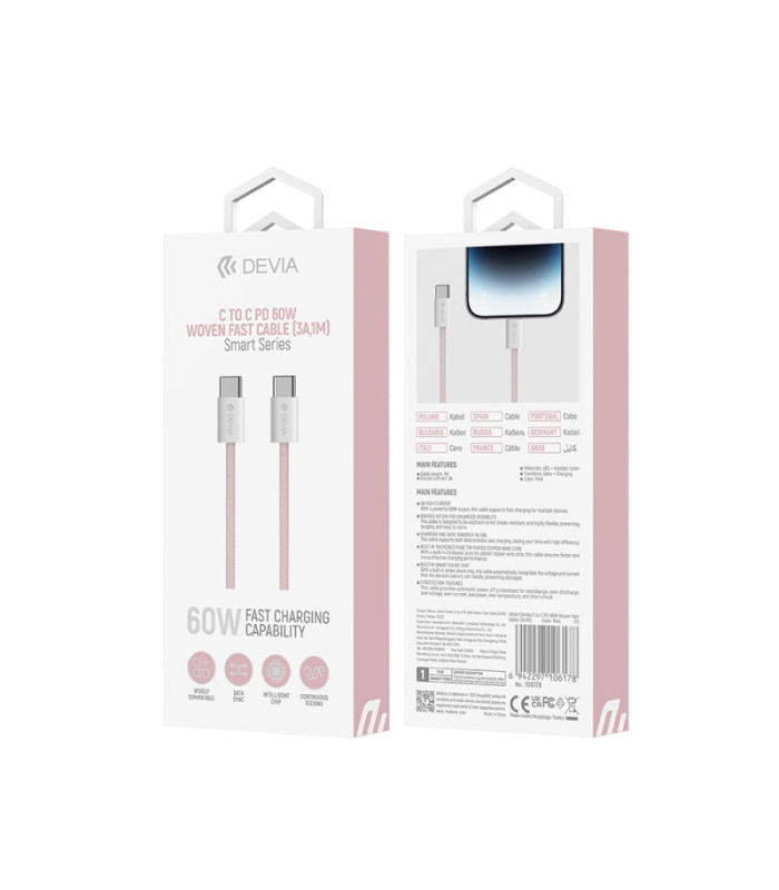 "Devia" kabelis Smart EC325 PD USB-C - USB-C 1,0 m 60W 3A rožinis
