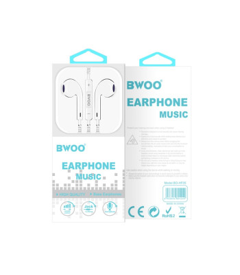 BWOO laidinės 3,5 mm stereofoninės ausinės, baltos spalvos