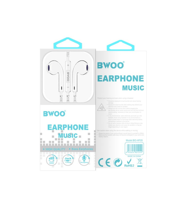BWOO laidinės 3,5 mm stereofoninės ausinės, baltos spalvos