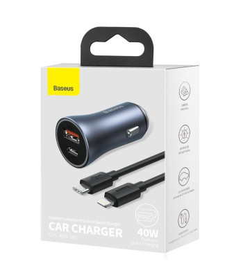 "Baseus" automobilinis įkroviklis "Golden Contactor Pro" 1x USB 1x USB-C QC 40W juodas + USB - USB-C kabelis