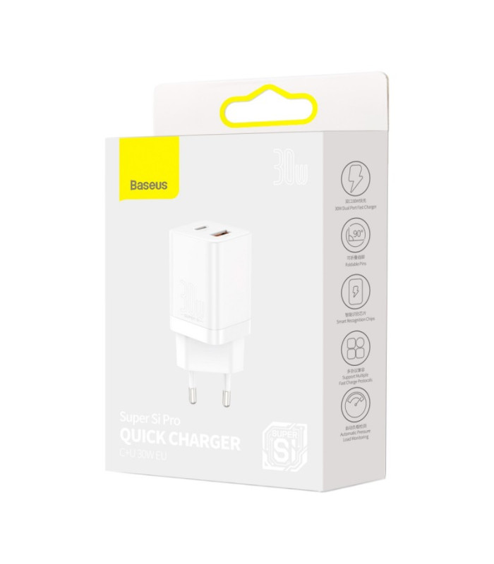 "Baseus" sieninis įkroviklis "Super Si PD" 30W 1x USB-C 1x USB baltas