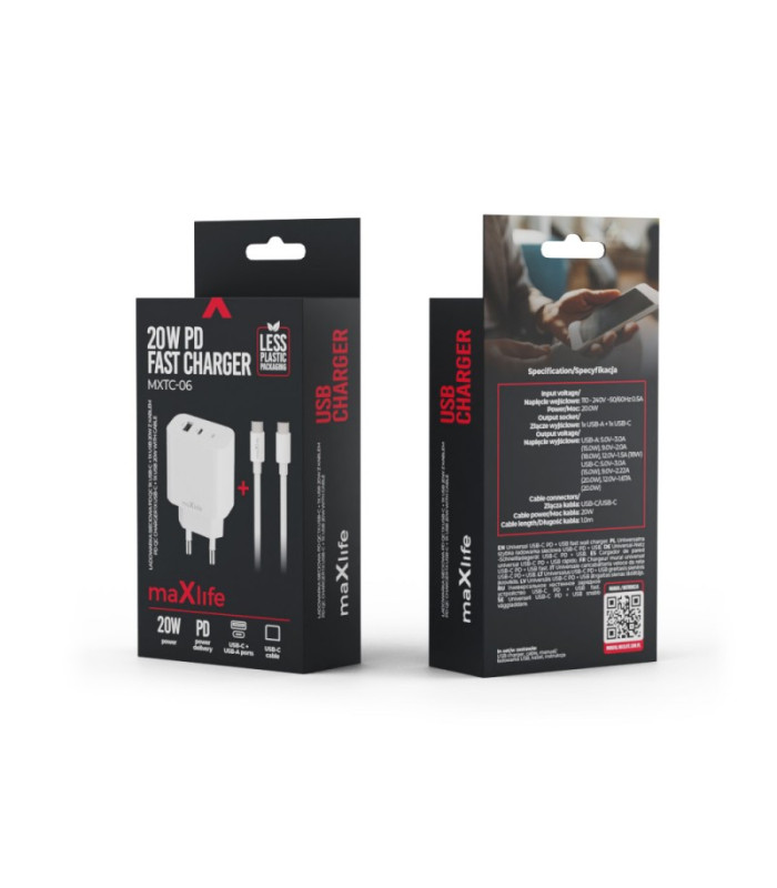 "Maxlife MXTC-06-20AC PD QC įkroviklis 1x USB-C 1x USB 20W baltas + USB-C - USB-C kabelis 20W