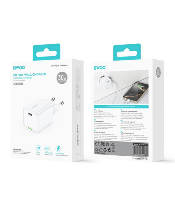 BWOO GaN PD sieninis įkroviklis 1x USB-C prievadas 1A 30W, baltas