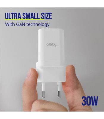 "Allity" sieninis įkroviklis GaN PD QC ATC-01-30WAC 1x USB-C 1x USB-A 30W baltas