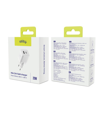 "Allity" sieninis įkroviklis GaN PD QC ATC-01-20WACr 1x USB-C 1x USB-A 20W baltas