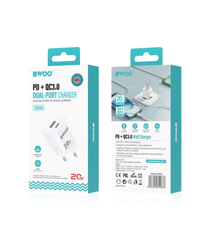BWOO 20 W mini sieninis įkroviklis CDA156 USB-C, USB-A