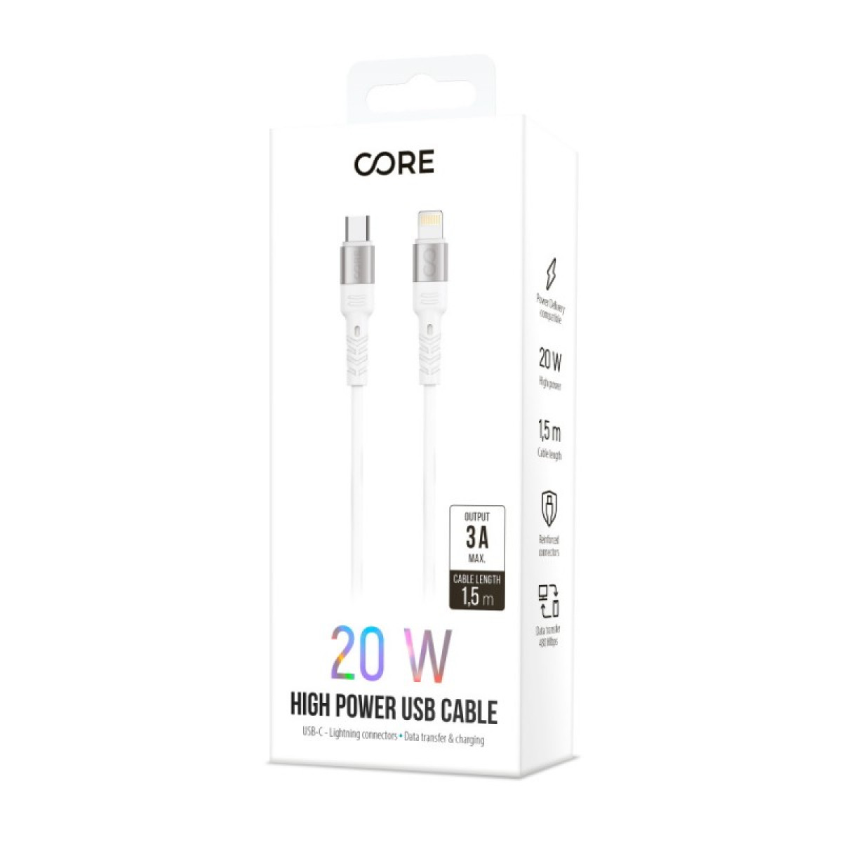 "Forever Core" didelės galios USB-C - "Lightning" kabelis 1,5 m 20W, baltas
