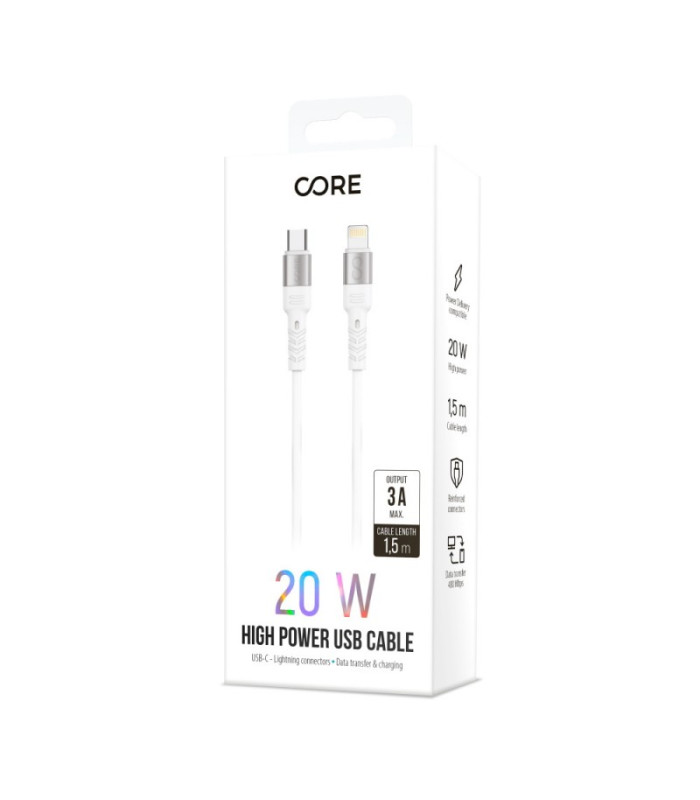 "Forever Core" didelės galios USB-C - "Lightning" kabelis 1,5 m 20W, baltas