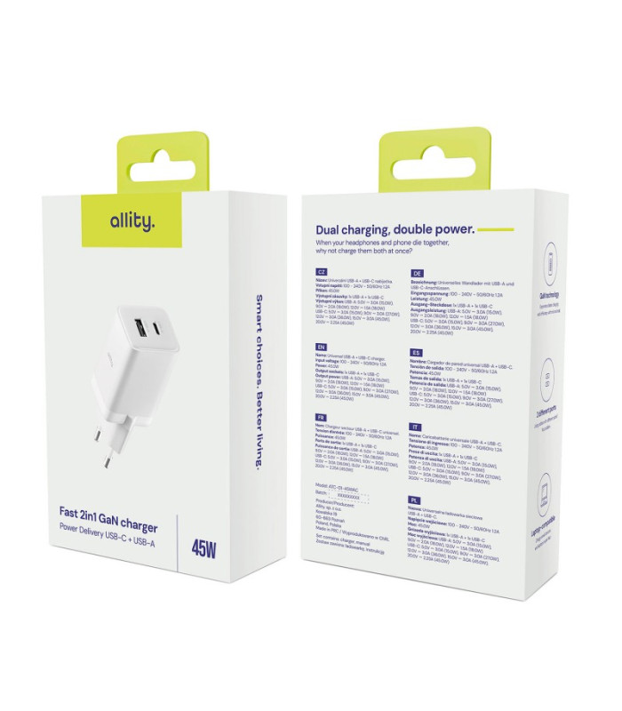 "Allity" sieninis įkroviklis GaN PD QC ATC-01-45WAC 1x USB-C 1x USB-A 45W baltas