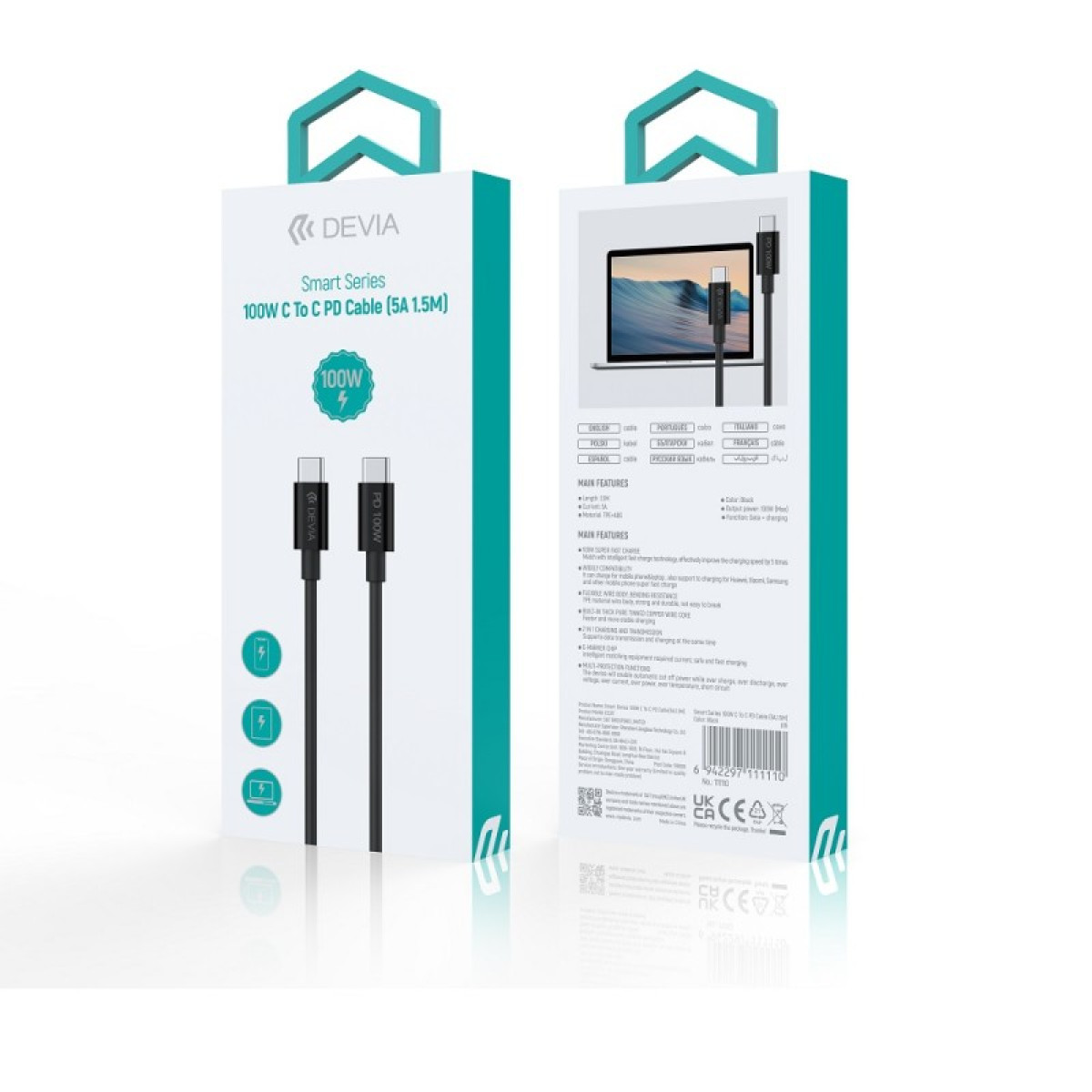 "Devia" kabelis Smart EC317 PD USB-C - USB-C 1,5 m 100W 5A juodas