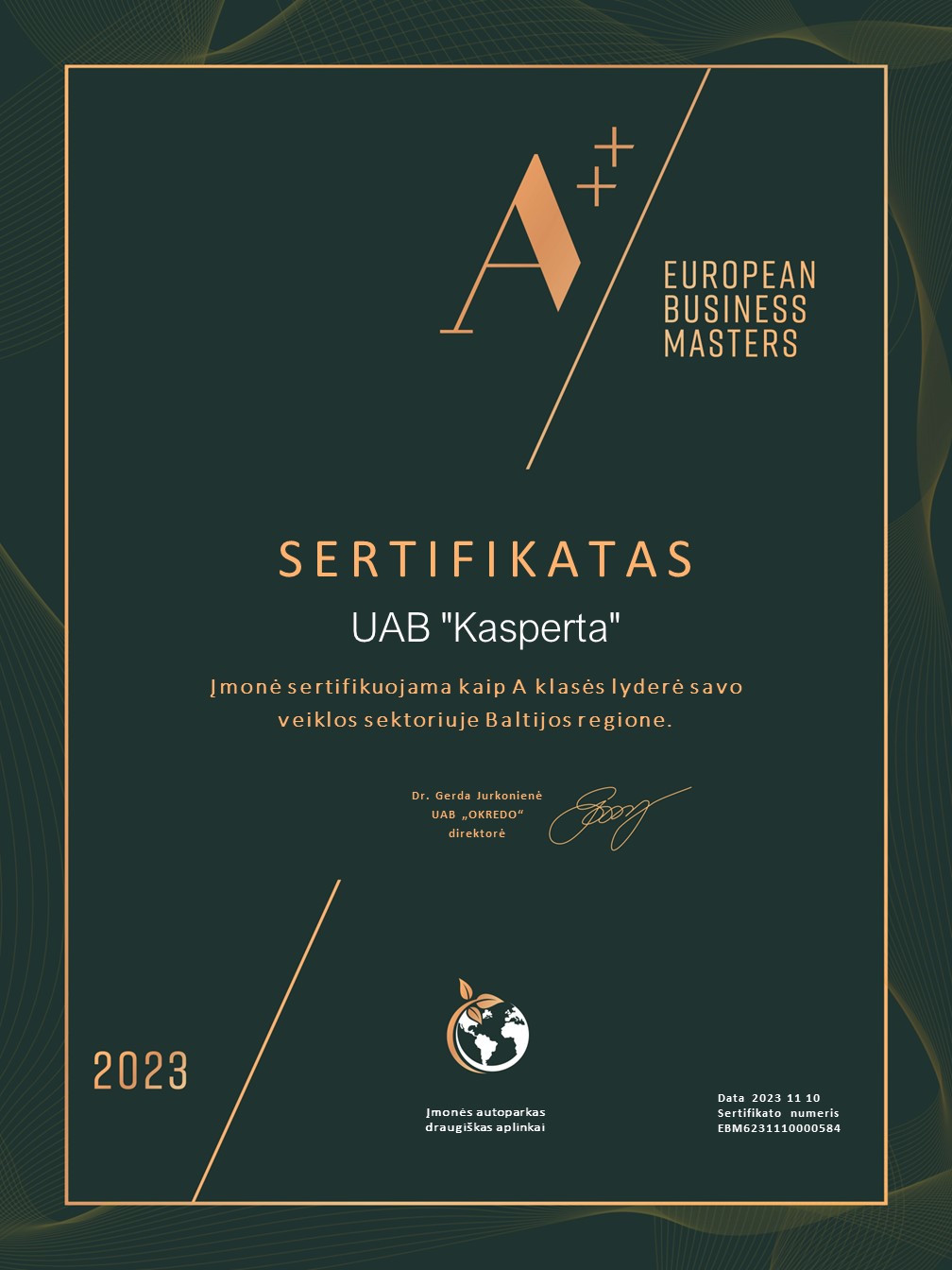 UAB Kasperta EBM A++ 2023 sertifikatas